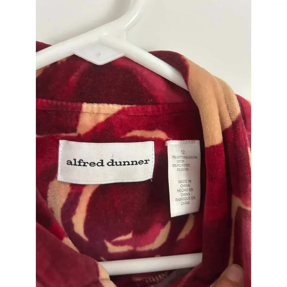 Alfred Dunner Maroon Beige Floral Velour Jacket Full Zip Women's 12